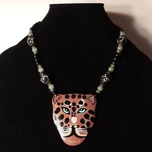 Lee Sands C.1980's Wild Elegance Leopard Pendant & Gemstone Necklace, Handmade